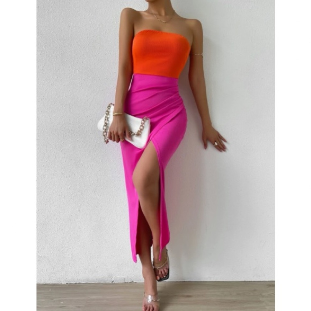 Boho color block slit thigh tube dress - Picture 2 of 7
